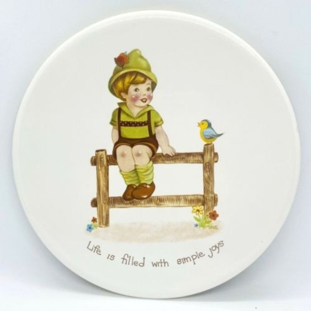 Vintage Hyalyn 507 USA Ceramic Trivet Hot Pad Little Boy on Fence Simple Joys